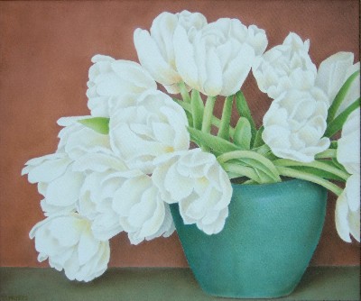 Terri Meyers White tulips in blue vase