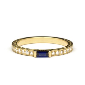 Hand Engarved Scrolls Baguette Sapphire Engagement Ring in Yellow Gold